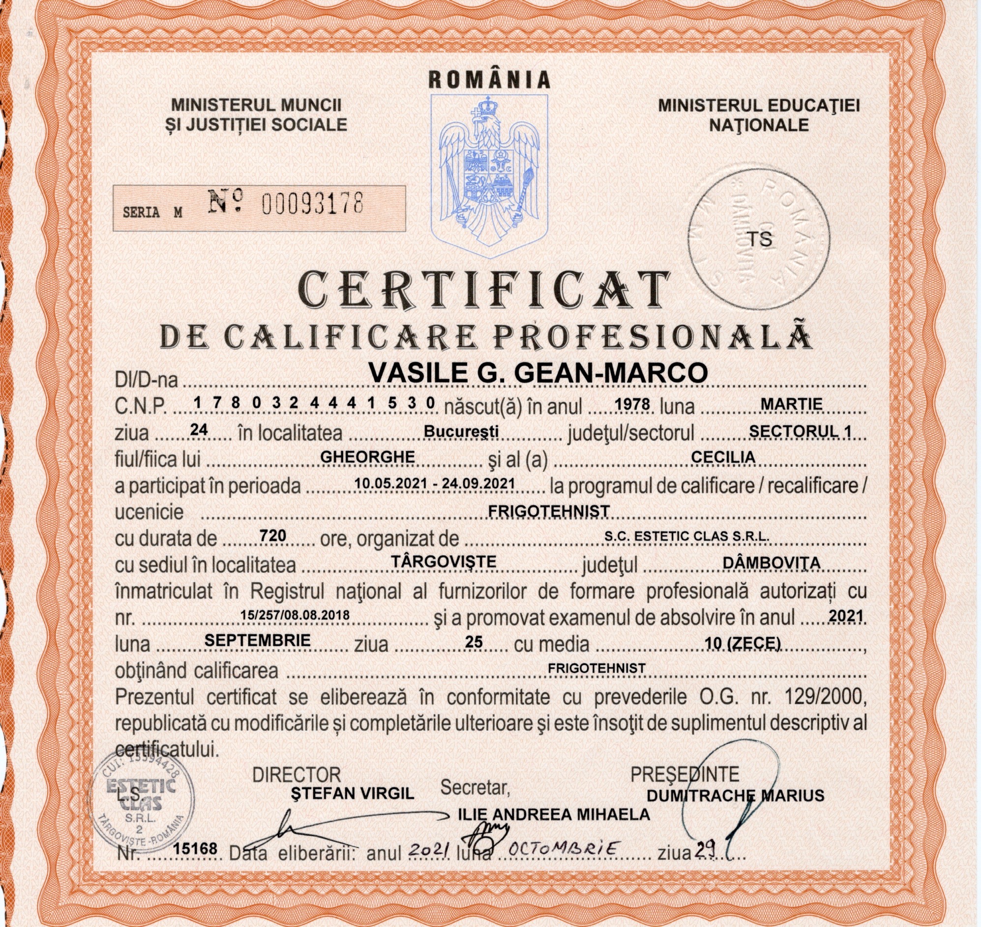 Certificat de calificare profesională pentru Vasile G. Gean-Marco, frigotehnist, emis în 2021