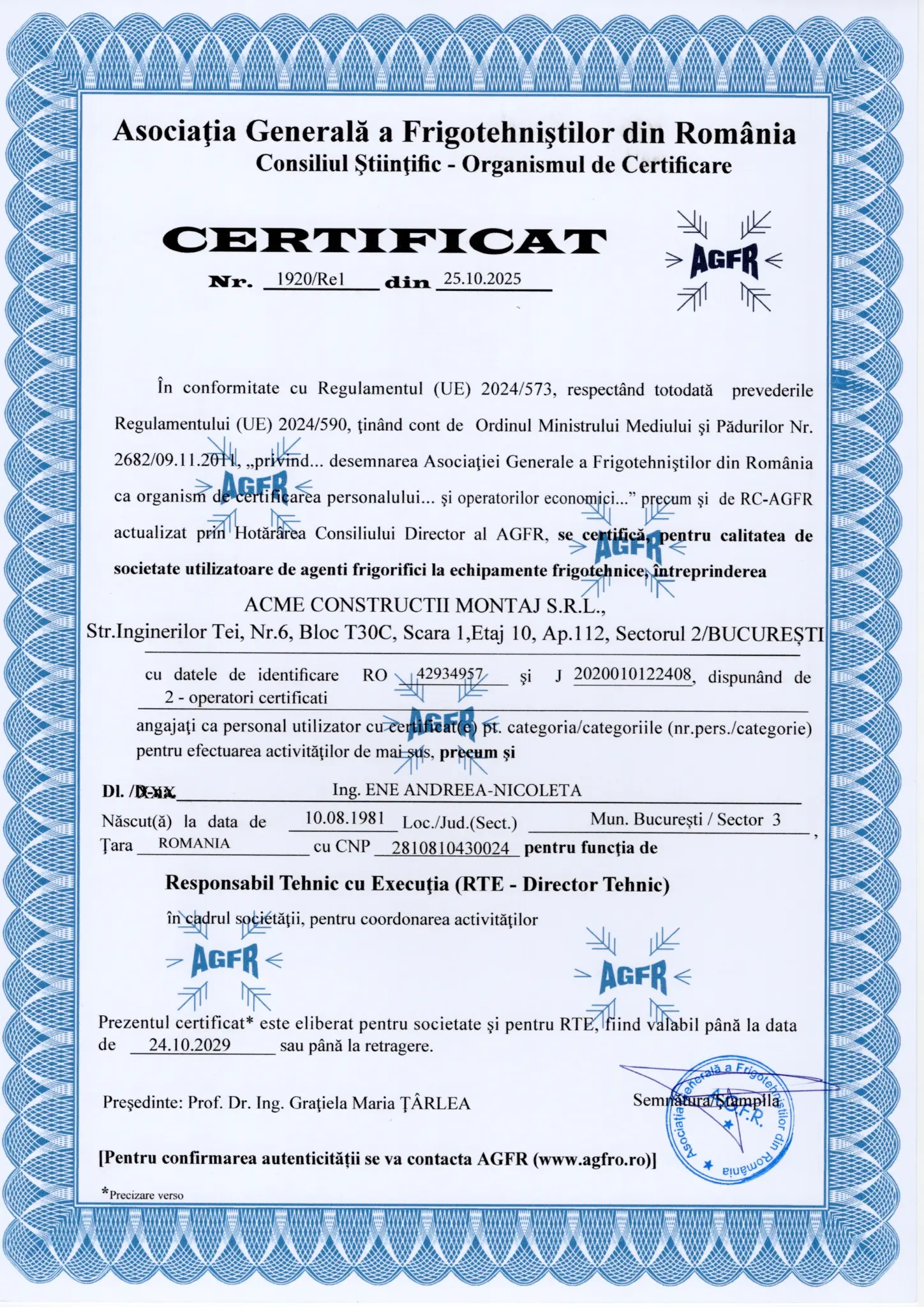 Certificat AGFR pentru ACME Construcții Montaj S.R.L., societate utilizatoare de agenți frigorifici, valabil până la 24.10.2029