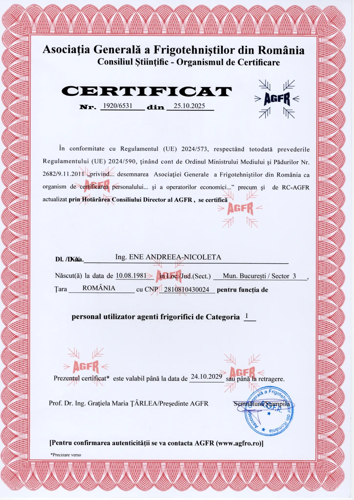 Certificat AGFR pentru Ing. Ene Andreea-Nicoleta, personal utilizator agenți frigorifici categoria I, valabil până la 24.10.2029