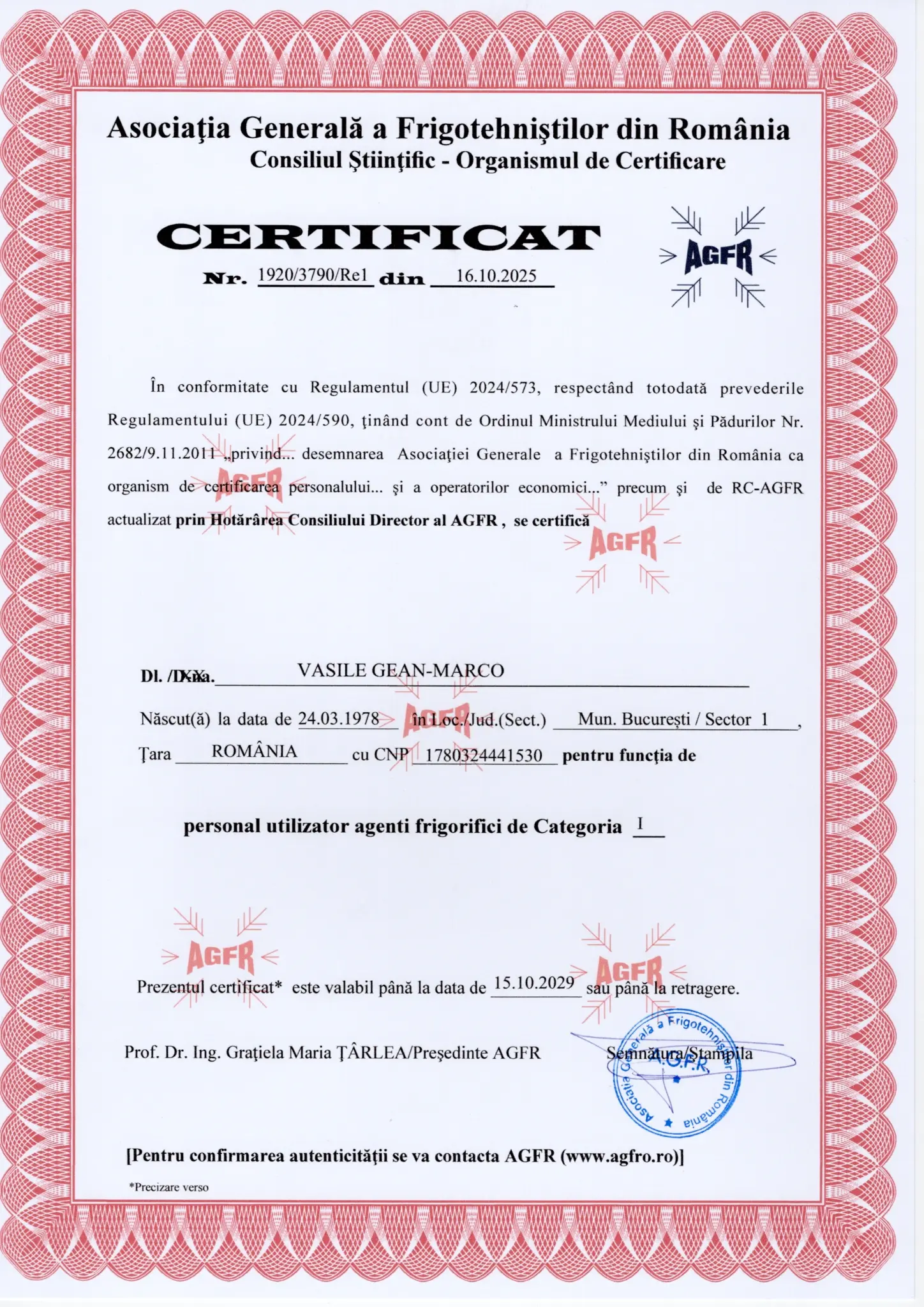 Certificat AGFR pentru Vasile Gean-Marco, personal utilizator agenți frigorifici categoria I, valabil până la 15.10.2029