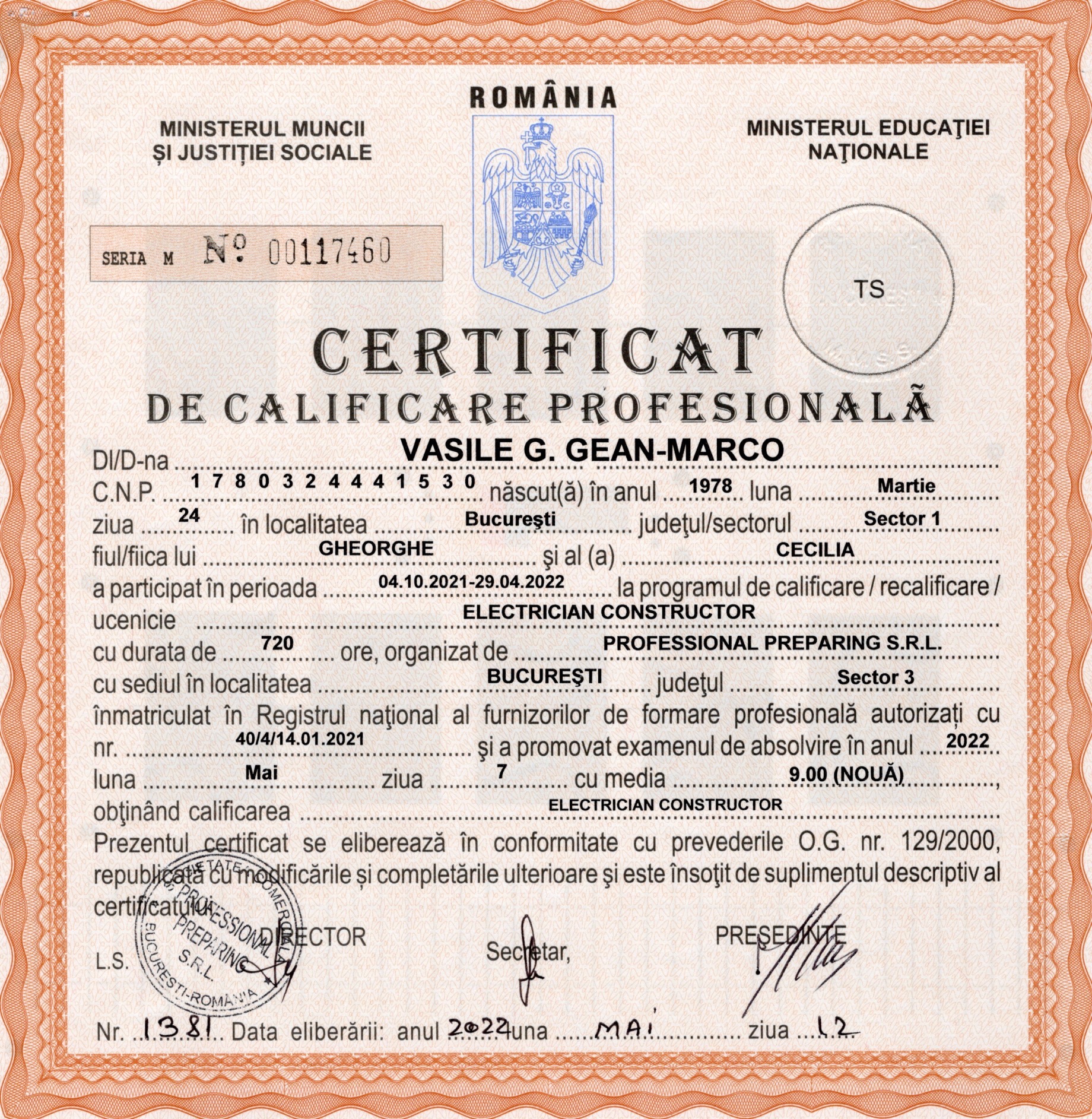 Certificat de calificare profesională pentru Vasile G. Gean-Marco, electrician constructor, emis în 2022