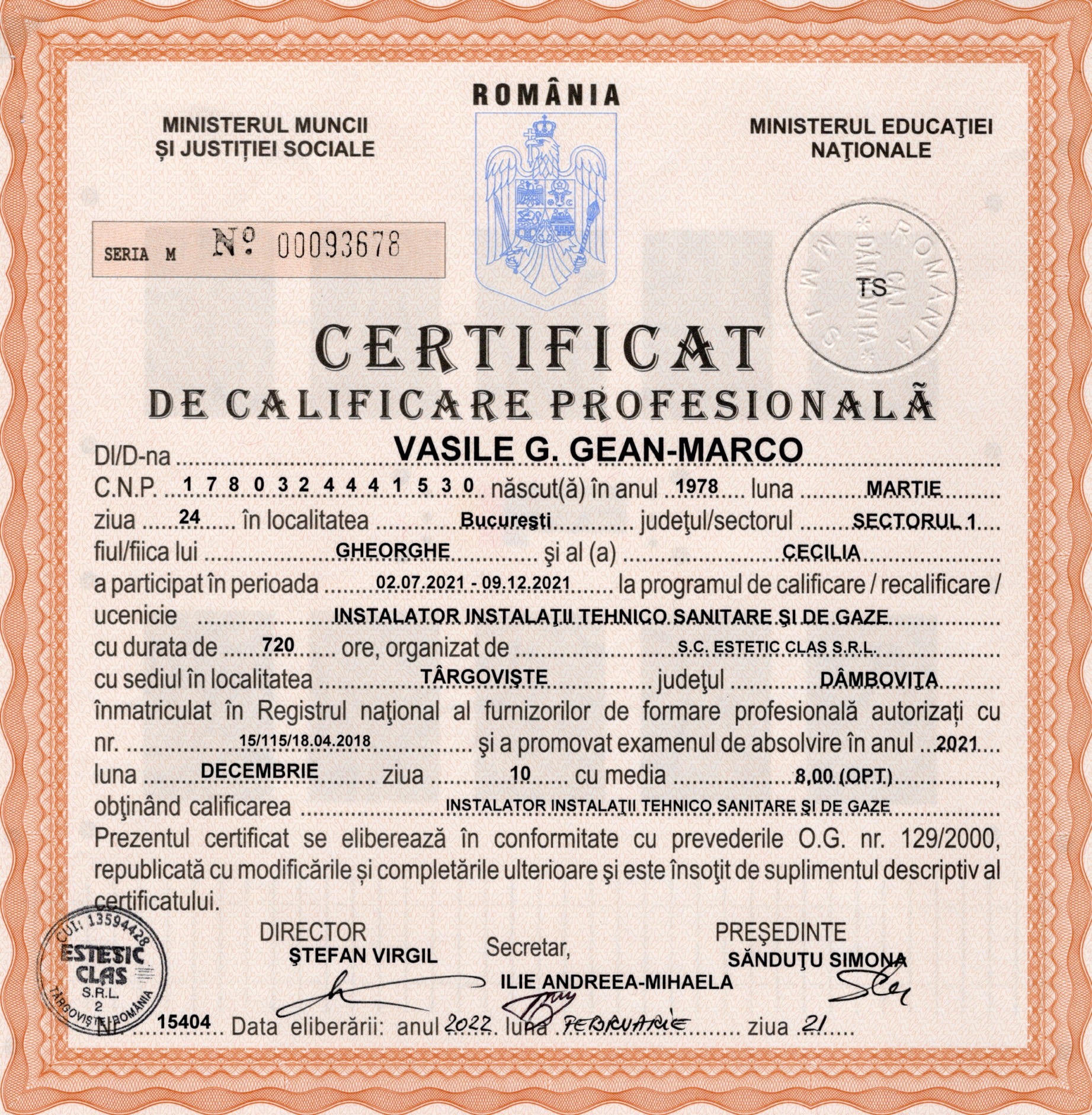 Certificat de calificare profesională pentru Vasile G. Gean-Marco, instalator instalații tehnico-sanitare și de gaze